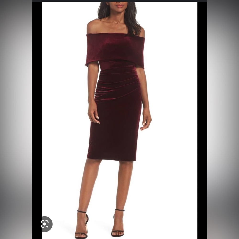 Vince Camuto off the shoulder velvet burgundy midi dress